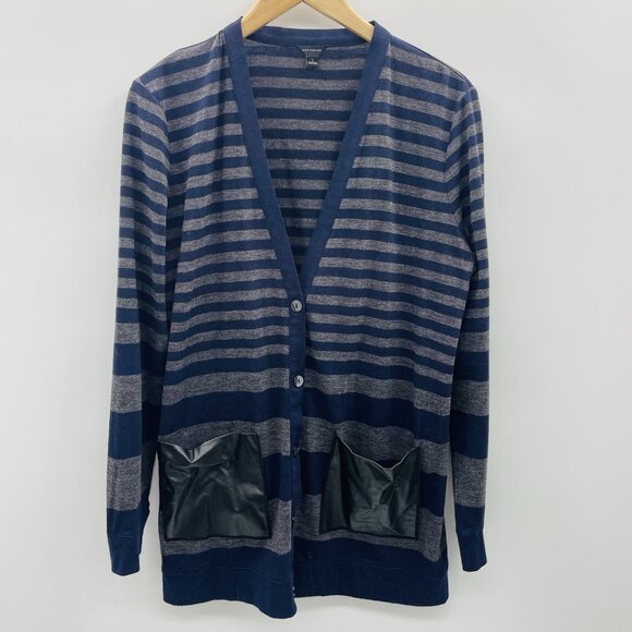 Ann Taylor Womens Large Striped Longline Cardigan Sweater Faux Leather Pockets - Picture 1 of 7